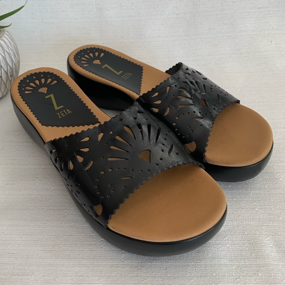 Zeta Black Cut Out Leather Wedged Slide Sandals Woman’s 8.5M Made in Brazil